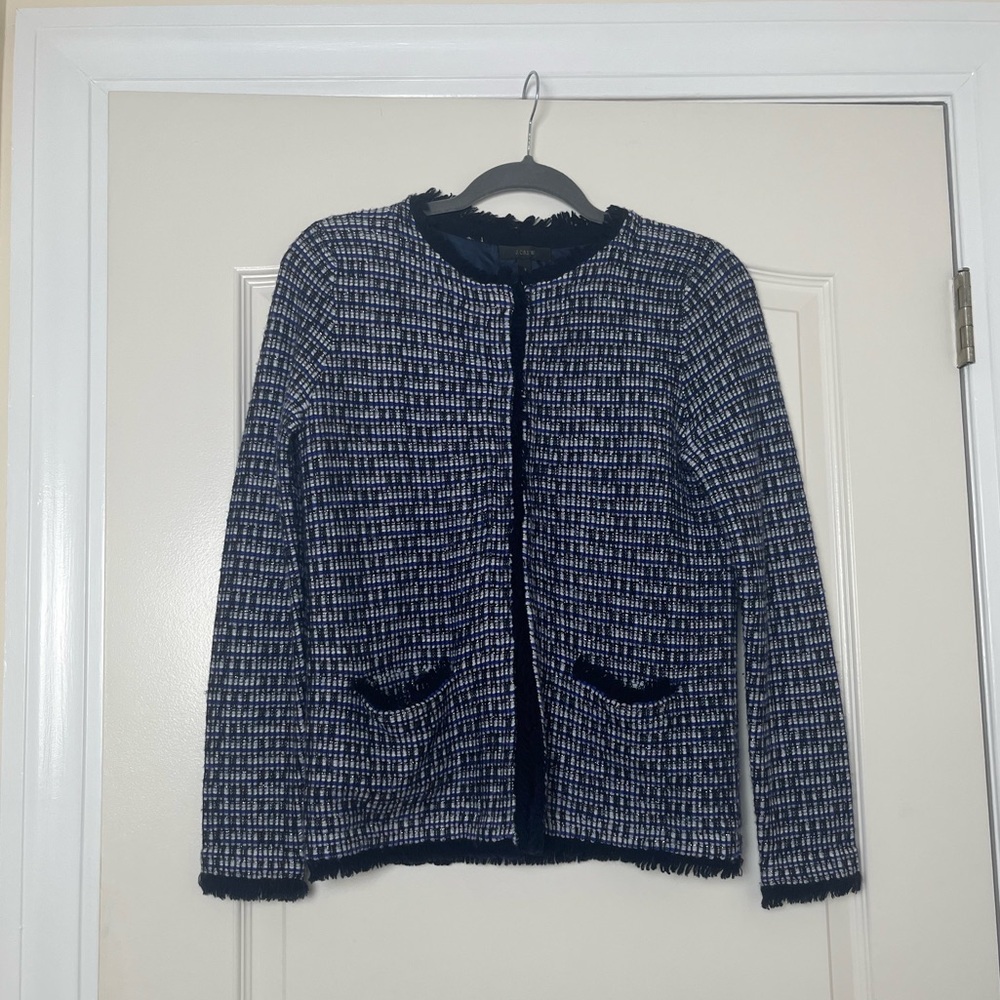 J.Crew Tweed Pattern Blue Lady Jacket with Fringe Size XS‎ - Picture 2 of 4